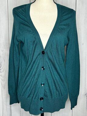 LOFT Cardigan Sweater Sz L Deep Teal Green V-Neck Button Up Lightweight Wool